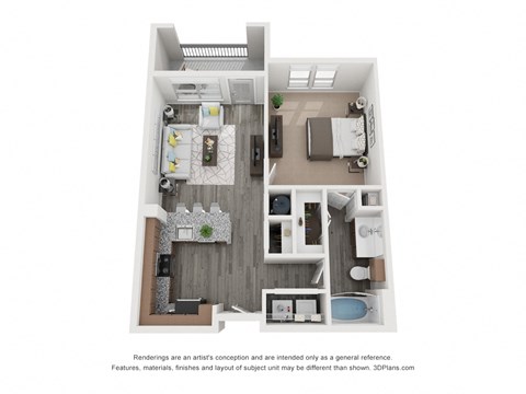 Floor plan for 1 bed, 1 bath, 764 sqft